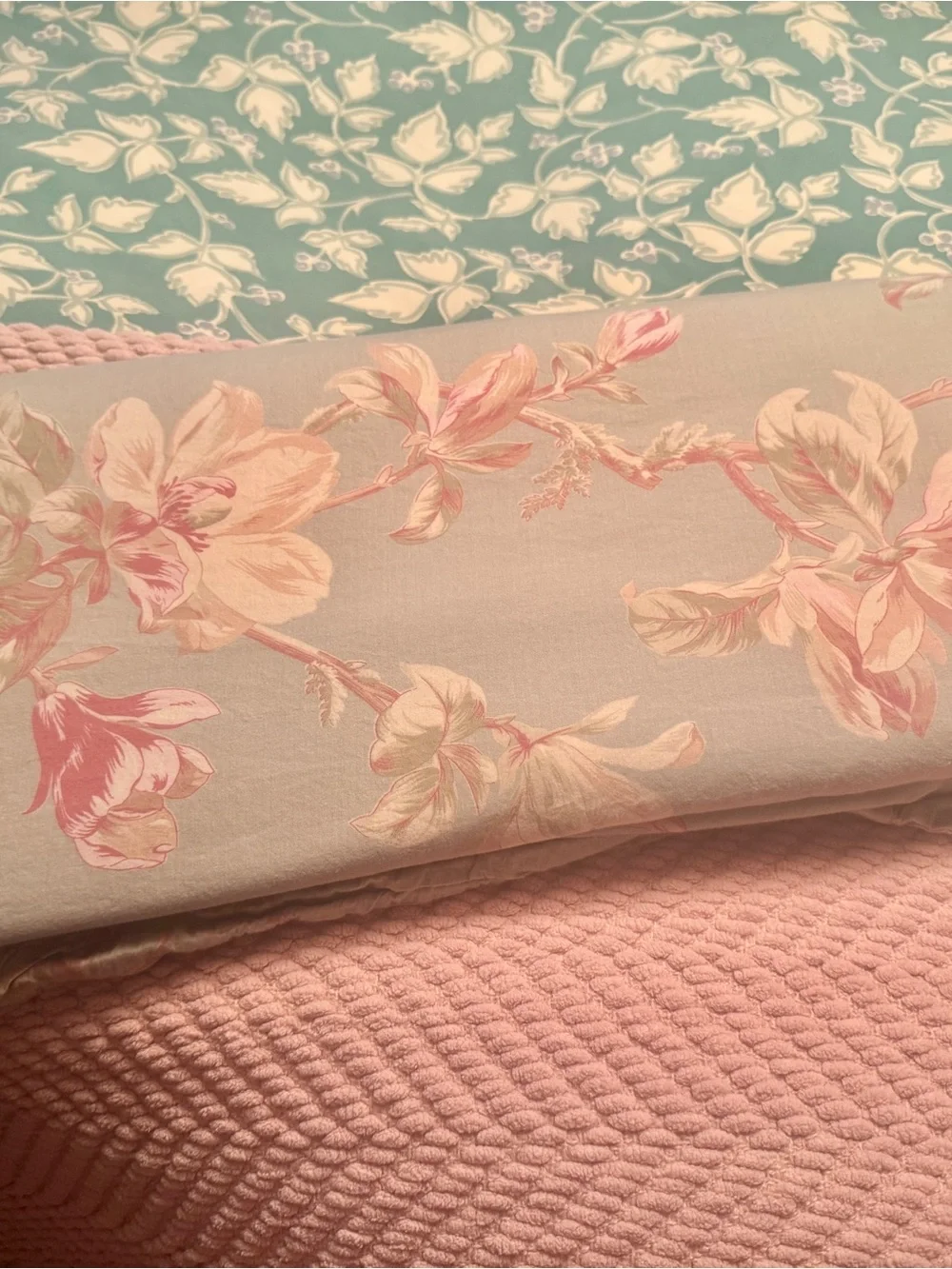 Floral Pastel Duvet Cover on a Light Moss Background with Pink-Coral Piping